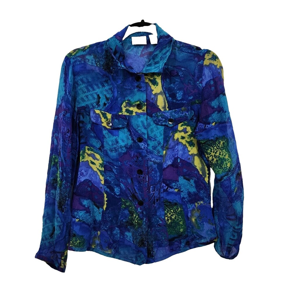 Chico's Art Print Sheer Silk Button-front Long Sleeve Blouse Top Blue Purple XS